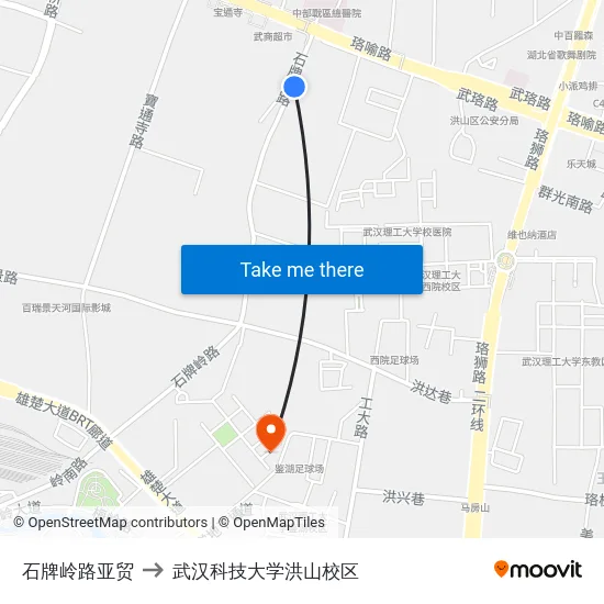 石牌岭路亚贸 to 武汉科技大学洪山校区 map
