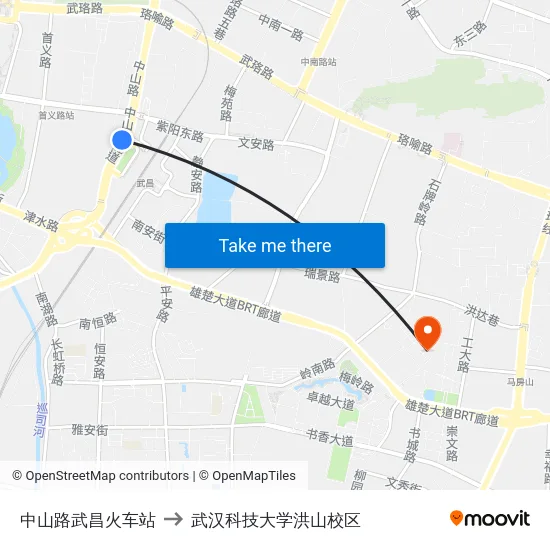 中山路武昌火车站 to 武汉科技大学洪山校区 map
