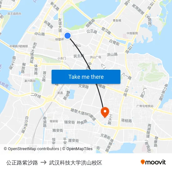 公正路紫沙路 to 武汉科技大学洪山校区 map