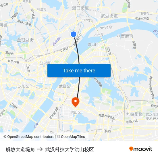 解放大道堤角 to 武汉科技大学洪山校区 map