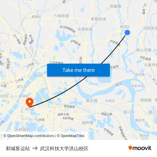 邾城客运站 to 武汉科技大学洪山校区 map