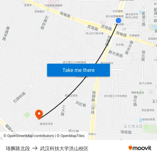 珞狮路北段 to 武汉科技大学洪山校区 map