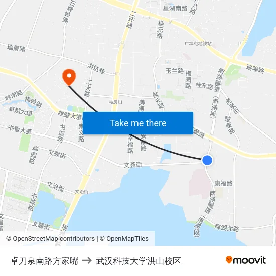 卓刀泉南路方家嘴 to 武汉科技大学洪山校区 map