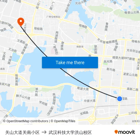 关山大道关南小区 to 武汉科技大学洪山校区 map