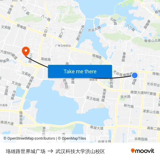 珞雄路世界城广场 to 武汉科技大学洪山校区 map