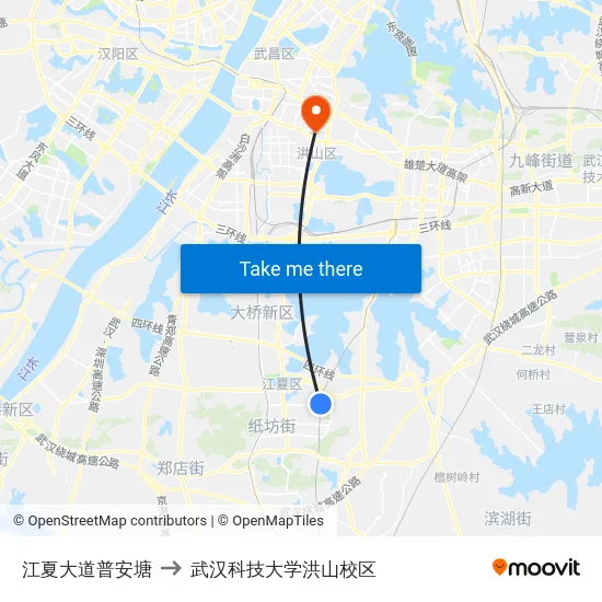 江夏大道普安塘 to 武汉科技大学洪山校区 map
