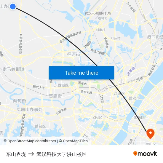 东山界堤 to 武汉科技大学洪山校区 map