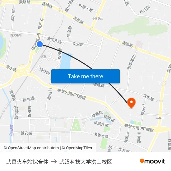 武昌火车站综合体 to 武汉科技大学洪山校区 map