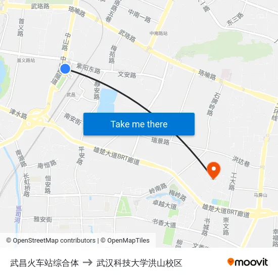 武昌火车站综合体 to 武汉科技大学洪山校区 map