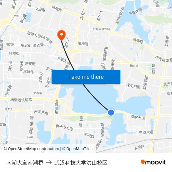南湖大道南湖桥 to 武汉科技大学洪山校区 map