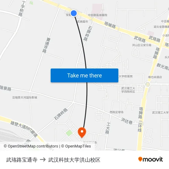 武珞路宝通寺 to 武汉科技大学洪山校区 map