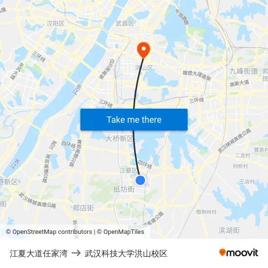 江夏大道任家湾 to 武汉科技大学洪山校区 map