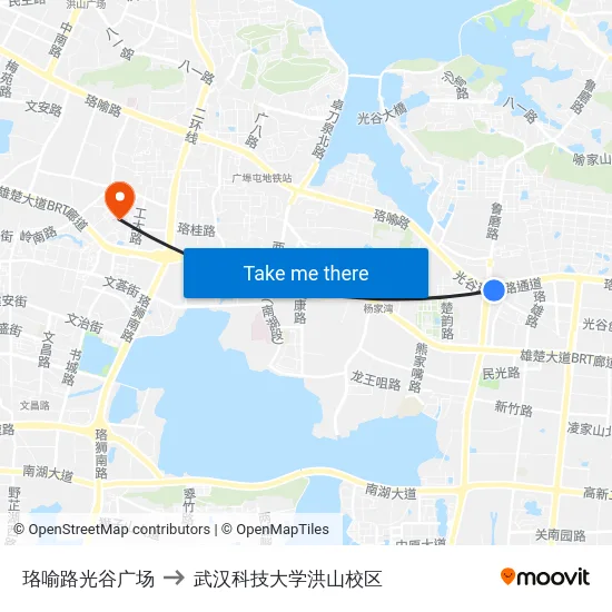 珞喻路光谷广场 to 武汉科技大学洪山校区 map