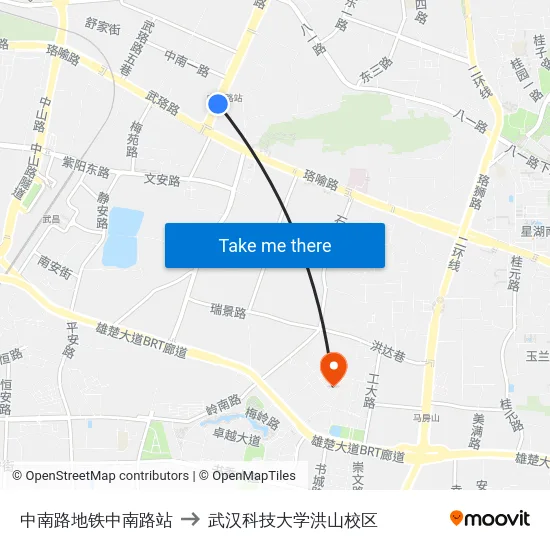 中南路地铁中南路站 to 武汉科技大学洪山校区 map