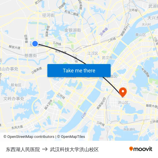 东西湖人民医院 to 武汉科技大学洪山校区 map