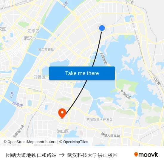 团结大道地铁仁和路站 to 武汉科技大学洪山校区 map