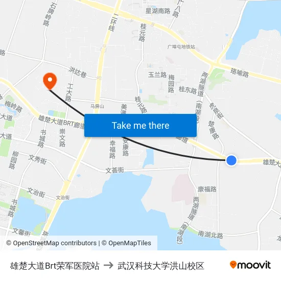 雄楚大道Brt荣军医院站 to 武汉科技大学洪山校区 map