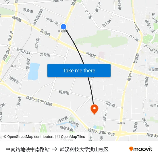 中南路地铁中南路站 to 武汉科技大学洪山校区 map