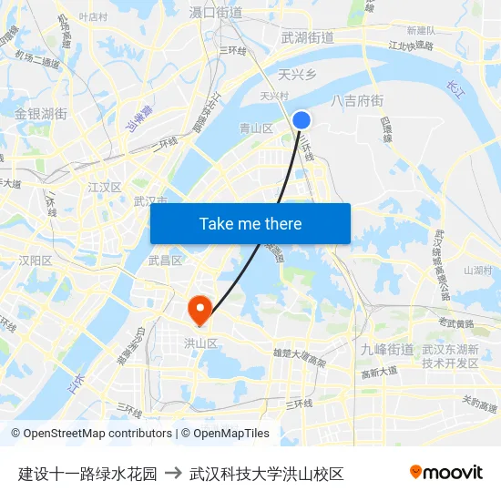建设十一路绿水花园 to 武汉科技大学洪山校区 map