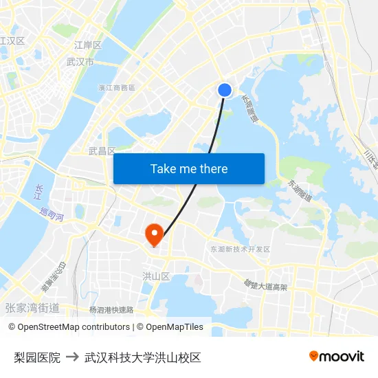 梨园医院 to 武汉科技大学洪山校区 map