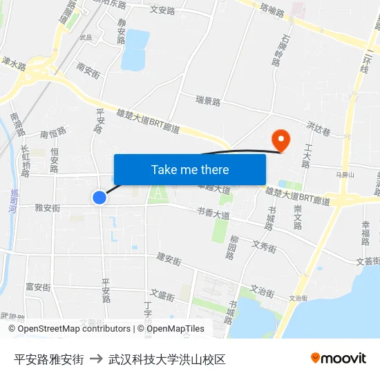 平安路雅安街 to 武汉科技大学洪山校区 map