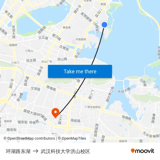 环湖路东湖 to 武汉科技大学洪山校区 map