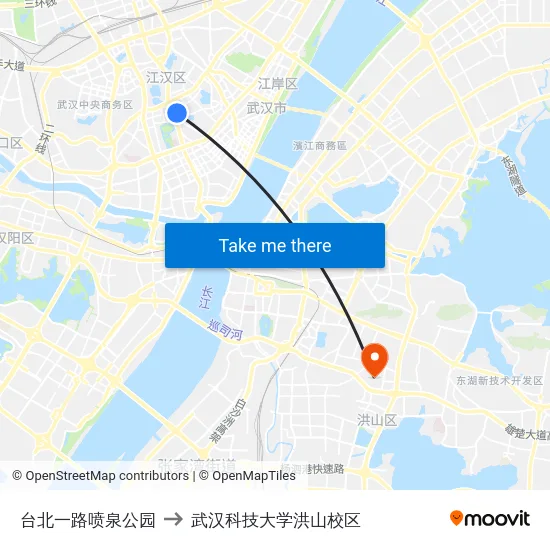 台北一路喷泉公园 to 武汉科技大学洪山校区 map