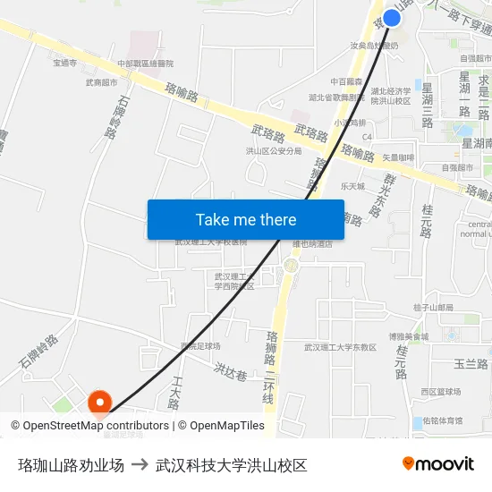 珞珈山路劝业场 to 武汉科技大学洪山校区 map