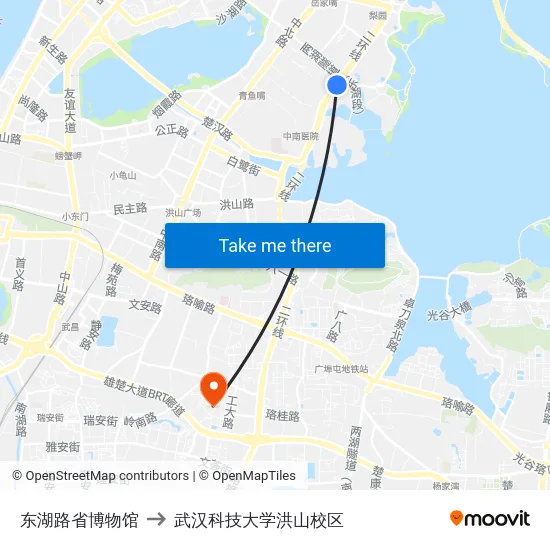 东湖路省博物馆 to 武汉科技大学洪山校区 map