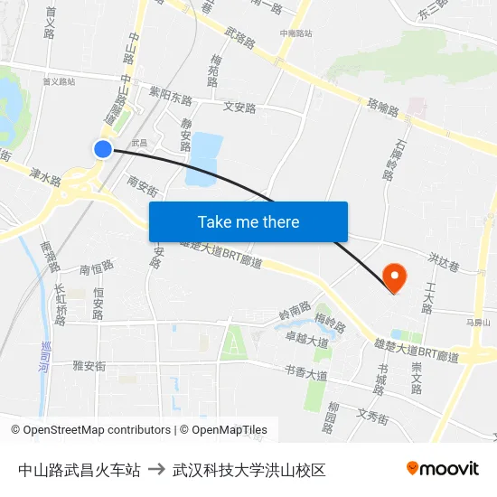 中山路武昌火车站 to 武汉科技大学洪山校区 map