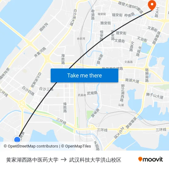 黄家湖西路中医药大学 to 武汉科技大学洪山校区 map