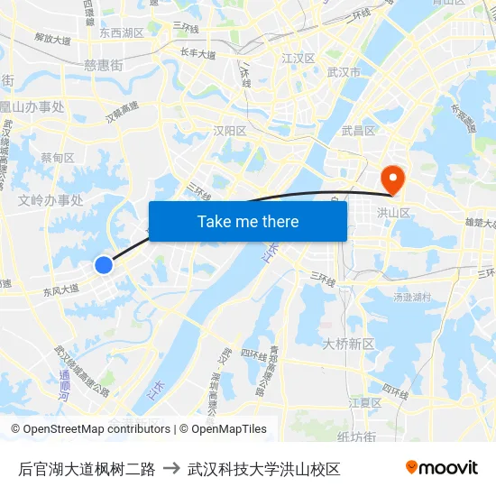 后官湖大道枫树二路 to 武汉科技大学洪山校区 map