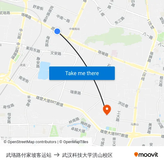 武珞路付家坡客运站 to 武汉科技大学洪山校区 map