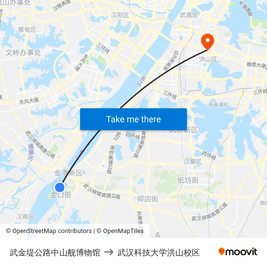 武金堤公路中山舰博物馆 to 武汉科技大学洪山校区 map