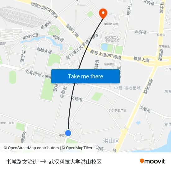 书城路文治街 to 武汉科技大学洪山校区 map