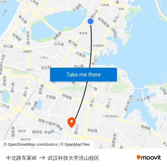 中北路车家岭 to 武汉科技大学洪山校区 map