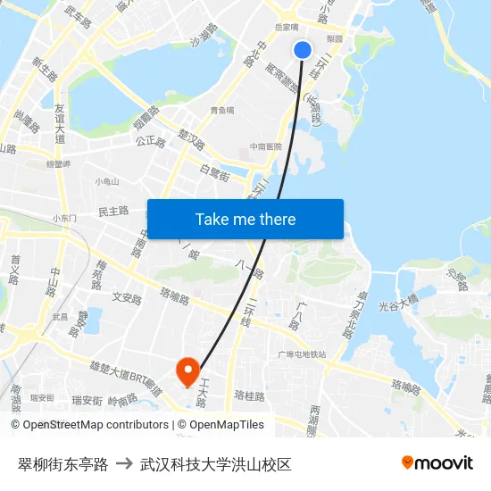 翠柳街东亭路 to 武汉科技大学洪山校区 map