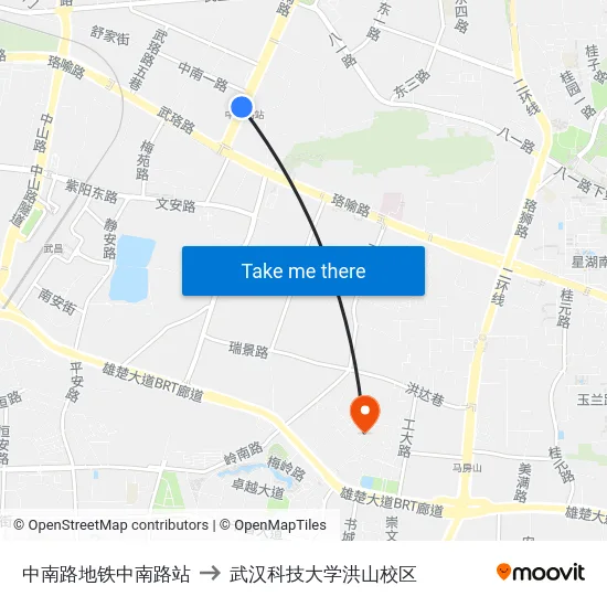 中南路地铁中南路站 to 武汉科技大学洪山校区 map