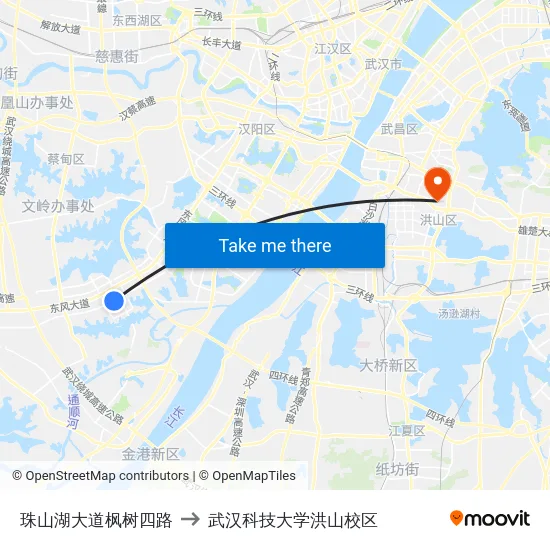 珠山湖大道枫树四路 to 武汉科技大学洪山校区 map