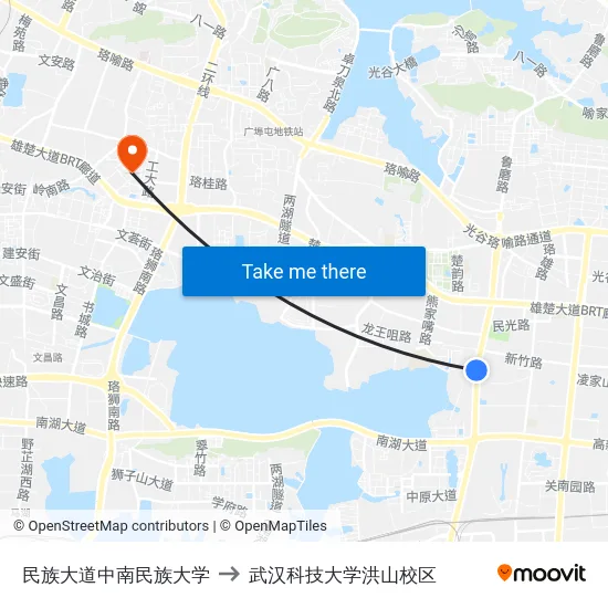 民族大道中南民族大学 to 武汉科技大学洪山校区 map