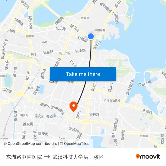 东湖路中南医院 to 武汉科技大学洪山校区 map