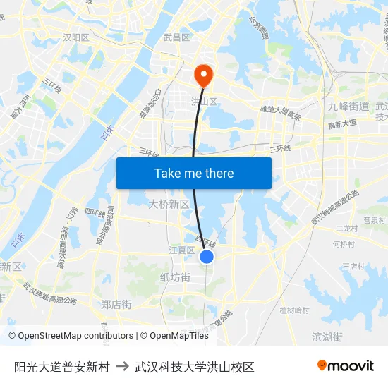阳光大道普安新村 to 武汉科技大学洪山校区 map