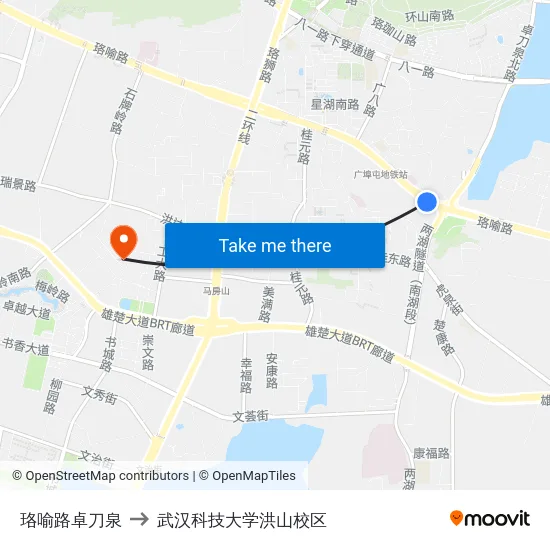 珞喻路卓刀泉 to 武汉科技大学洪山校区 map