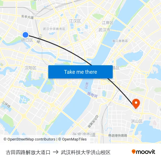古田四路解放大道口 to 武汉科技大学洪山校区 map
