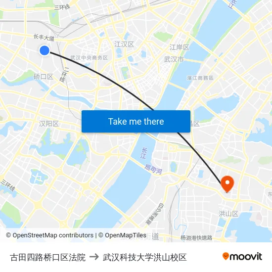 古田四路桥口区法院 to 武汉科技大学洪山校区 map
