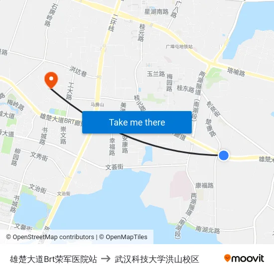 雄楚大道Brt荣军医院站 to 武汉科技大学洪山校区 map