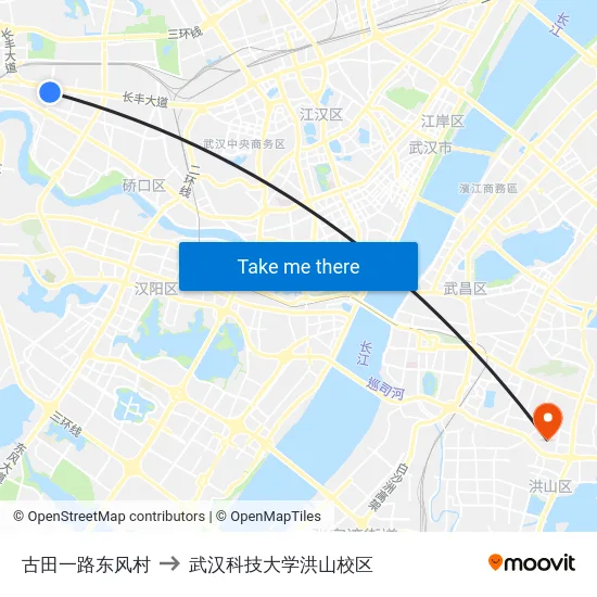 古田一路东风村 to 武汉科技大学洪山校区 map