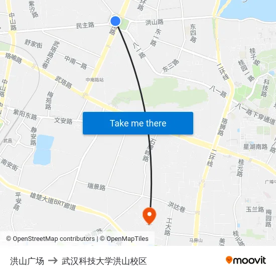 洪山广场 to 武汉科技大学洪山校区 map