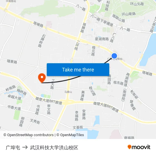 广埠屯 to 武汉科技大学洪山校区 map