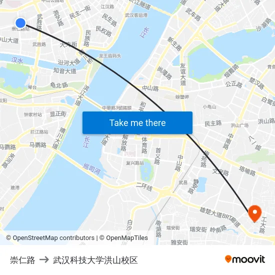 崇仁路 to 武汉科技大学洪山校区 map